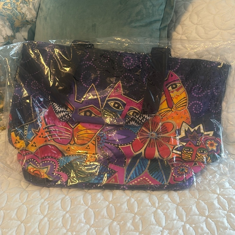 Laurel Burch Colorful Cats Large Tote Bag Inside lined w/ spray-in waterproofing